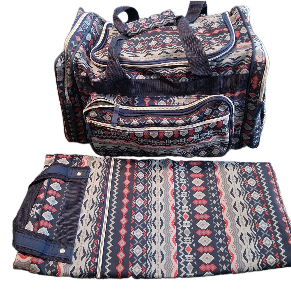Duffel Carry Luggage Bag & carry Strap Matching Garment Bag - Blue Print-NWOT